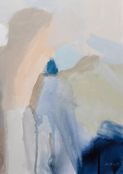 Abstract painting with vertical taupe, blue and sage forms and navy accents
