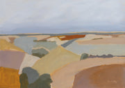 Abstract landscape painting of rolling hills in ochre, sage and rust tones under a pale sky