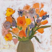 Painterly still life of wildflowers in a vase with orange, yellow and purple blooms