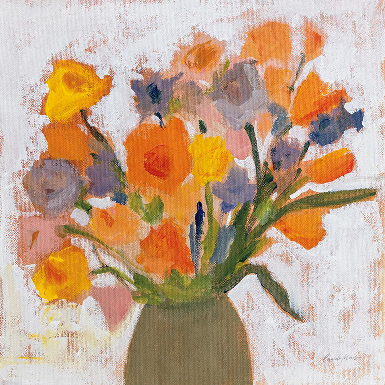 Painterly still life of wildflowers in a vase with orange, yellow and purple blooms