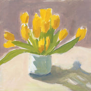 Painting of yellow tulips in a blue-grey vase on a cream table with mauve background
