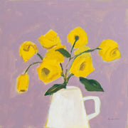 Painting of yellow flowers in a white pitcher against a mauve background
