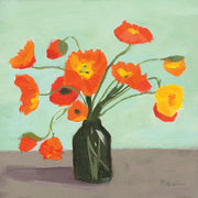 Painting of orange and yellow poppies in a dark green vase against a mint-green background