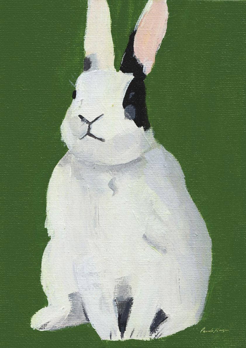 Painting of a white rabbit with black markings sitting against a green background