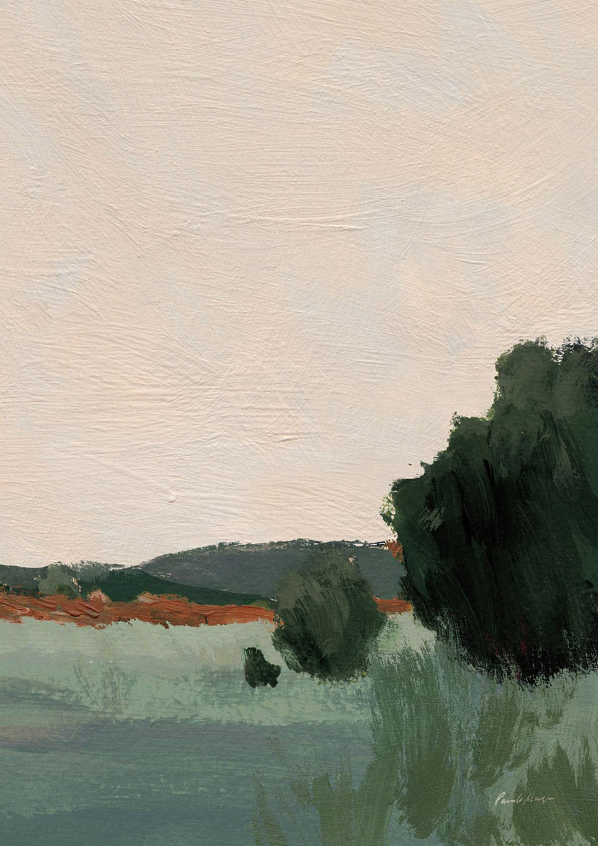 Painted landscape with pale sky, terracotta horizon line, dark green trees and muted green fields