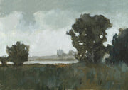 Painting of trees beside a calm river under a grey, overcast sky