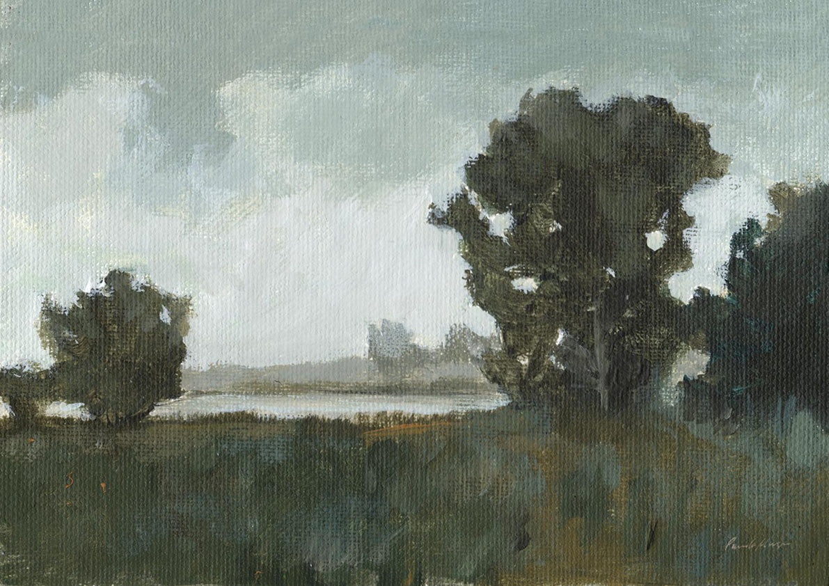 Painting of trees beside a calm river under a grey, overcast sky