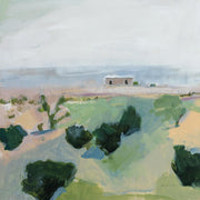 Painting of a desert landscape with an adobe building and green hills under a pale sky