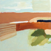 Abstract desert landscape painting in terracotta, blue and olive tones with flat horizontal bands