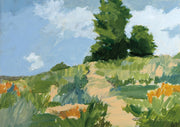 Painting of a sandy path through green grasses and trees under a blue sky with clouds