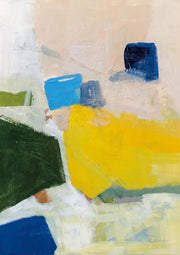 Abstract painting with yellow, green, navy and blue geometric shapes on a pale pink background