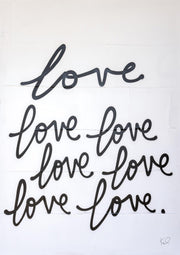 Repeated cursive word love in black script on a white background with visible panel seams
