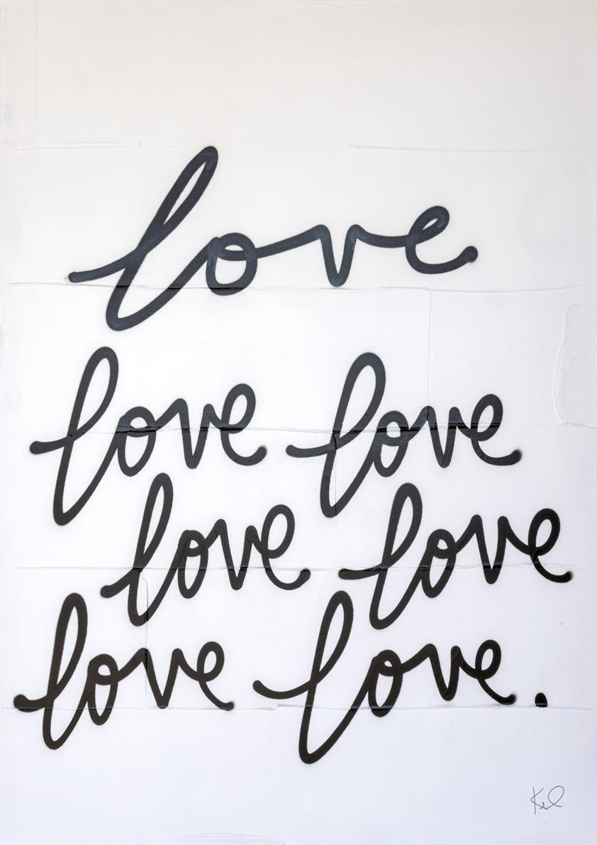 Repeated cursive word love in black script on a white background with visible panel seams