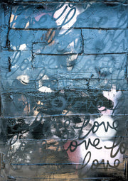 Textured blue and black abstract artwork with repeated cursive 'love' script on a brick-like surface