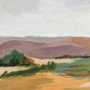 Painted landscape with purple hills, ochre ground, green shrubs and hazy sky