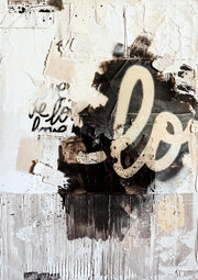Abstract collage artwork with cream cursive script over black and cream textured layers