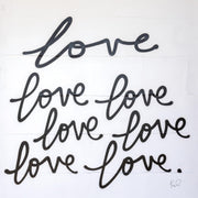 The word love repeated seven times in black cursive script on a white background