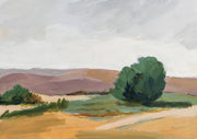Painterly landscape with mauve hills, golden ground and a green tree under a grey sky