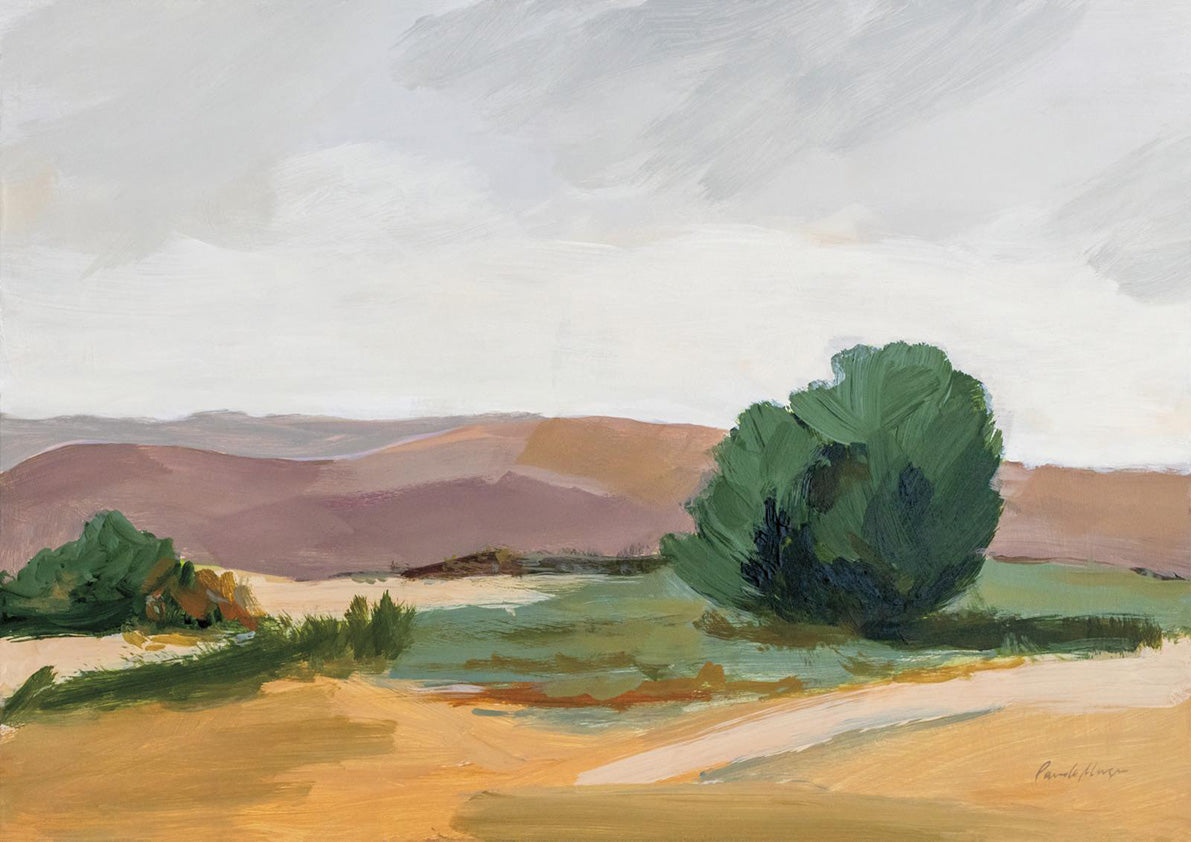 Painterly landscape with mauve hills, golden ground and a green tree under a grey sky