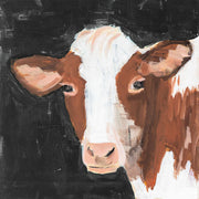 Close-up painting of a brown and white cow's face against a black background