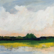 Impressionistic landscape painting of a cloudy sky, treeline and still lake at dawn