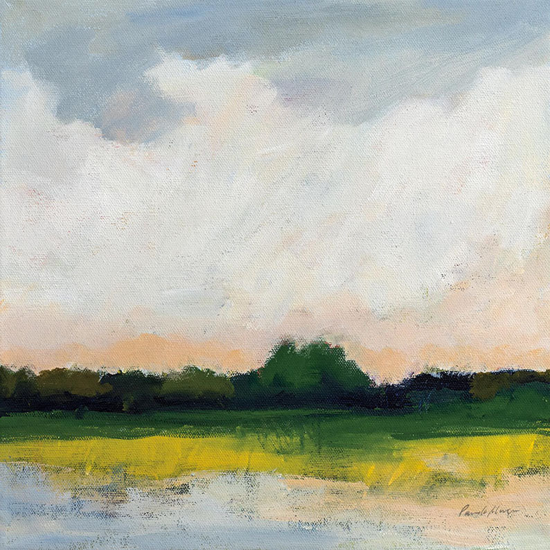 Impressionistic landscape painting of a cloudy sky, treeline and still lake at dawn