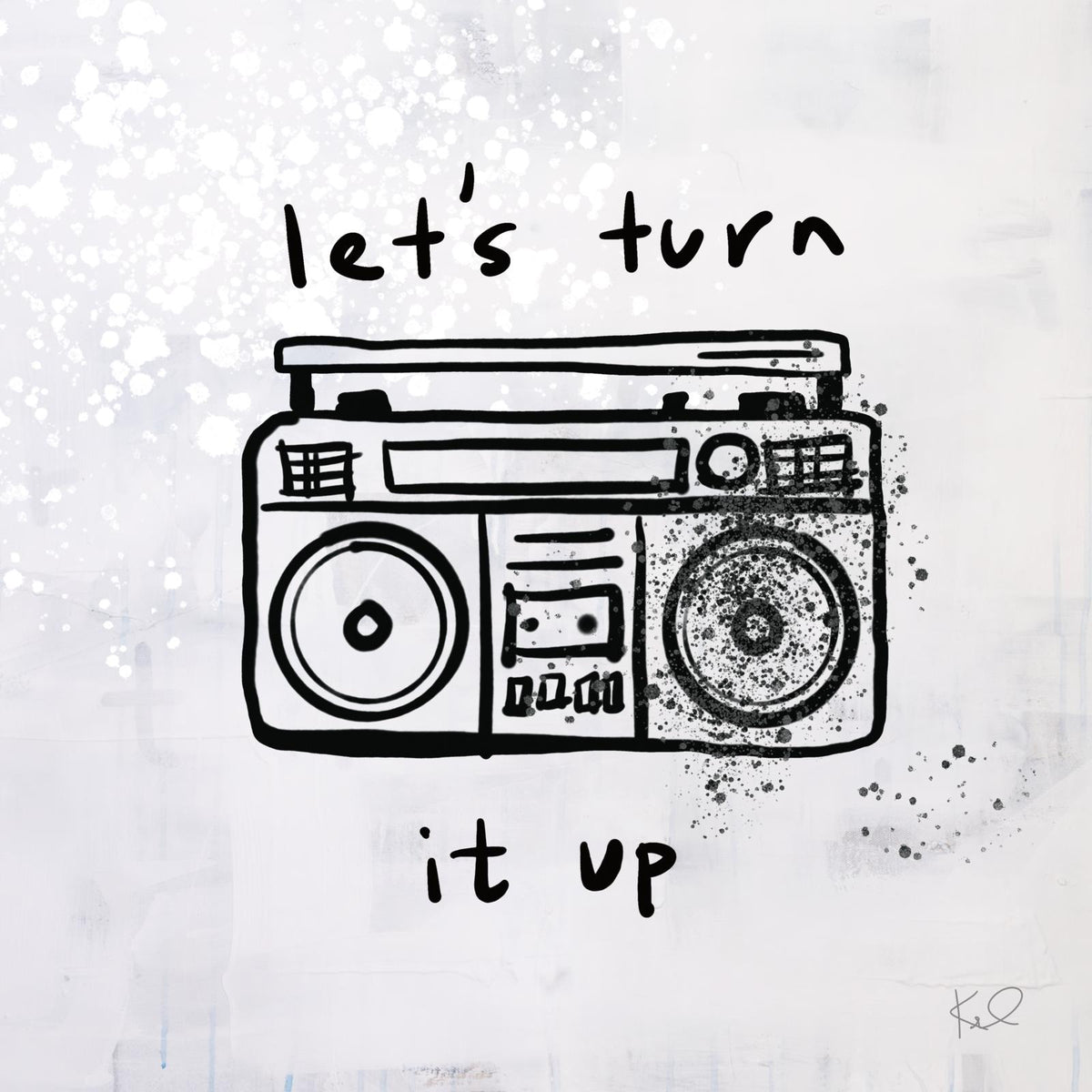 Line drawing of a boombox with handwritten text let's turn it up on grey background
