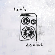 Hand-drawn speaker illustration with let's dance text on a splattered grey background