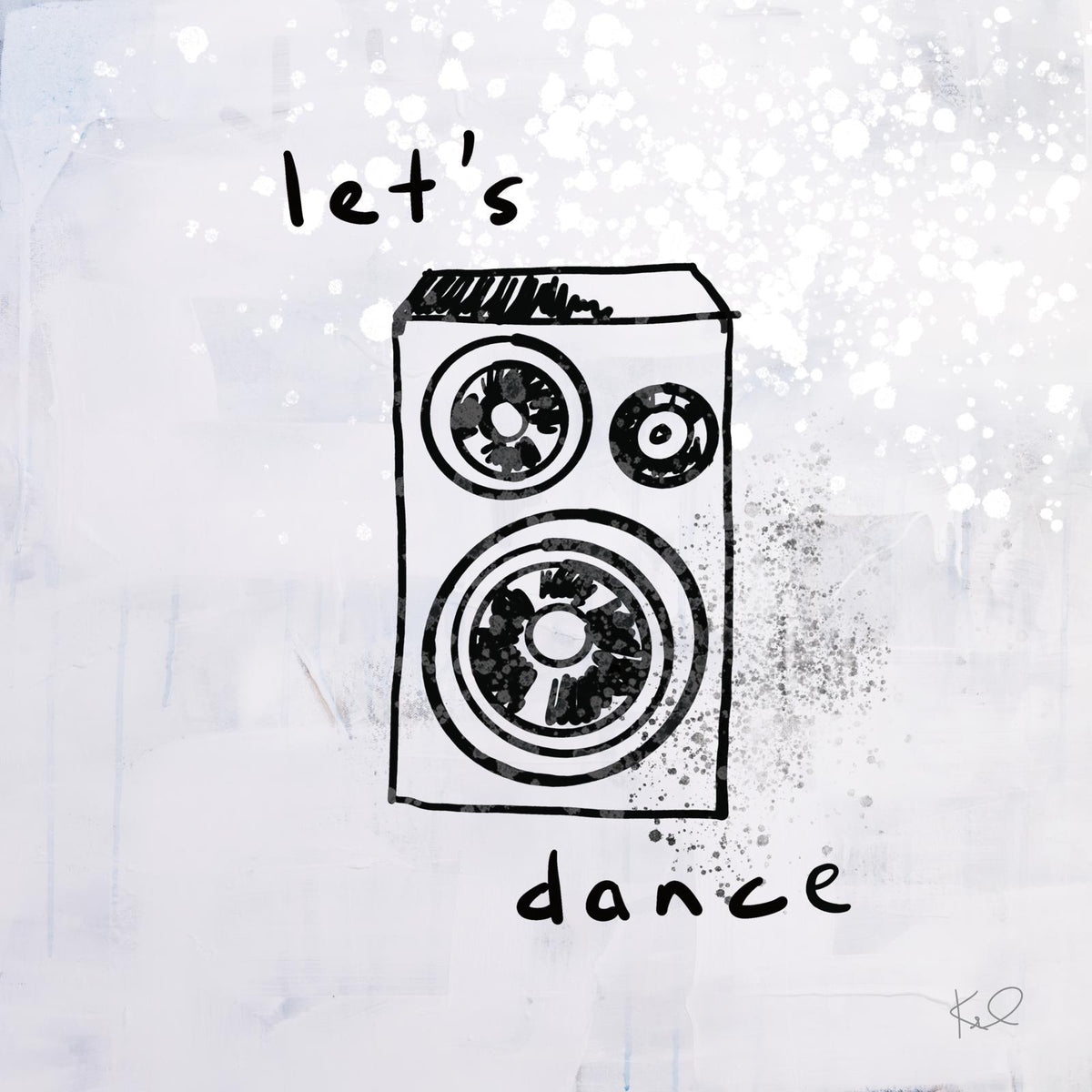Hand-drawn speaker illustration with let's dance text on a splattered grey background