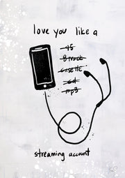 Line drawing of a phone and earbuds with crossed-out music formats on a speckled background