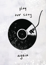 Black vinyl record graphic with hand-lettered text play our song again on grey background
