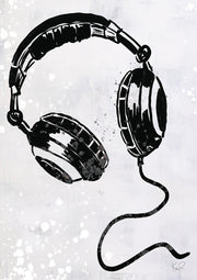 Ink-style illustration of black headphones with a curling cord on a speckled grey background