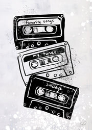 Illustrated black and white cassette tapes labelled favorite songs, my tunes and sundays