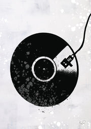 Black and white graphic illustration of a vinyl record with tonearm and splatter texture