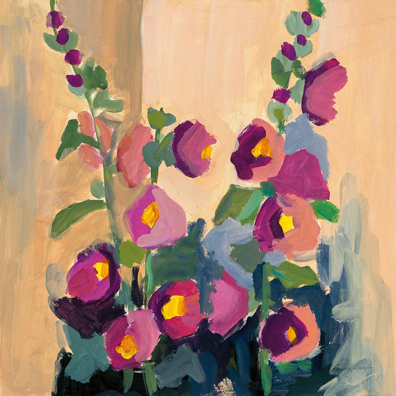 Painted hollyhock stems with magenta, pink and peach blooms against a warm tan background