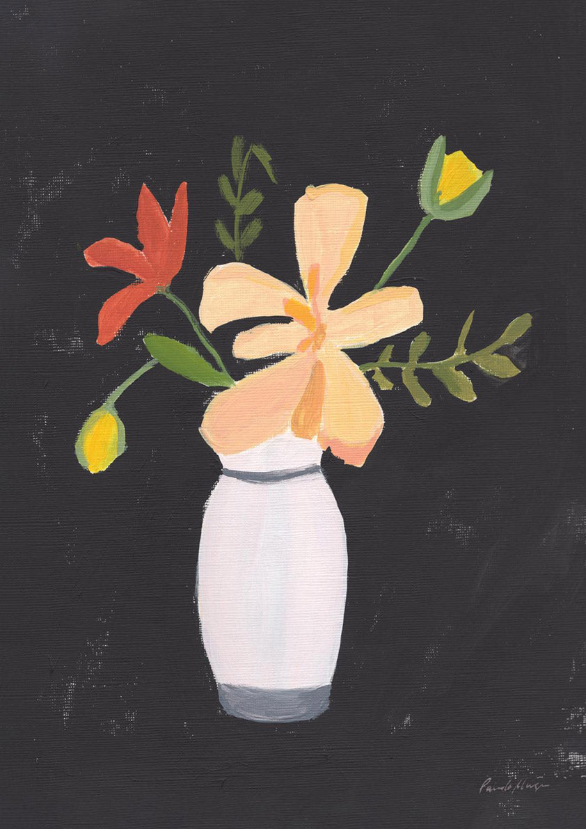 Painting of a white vase with peach, red and yellow flowers on a black background