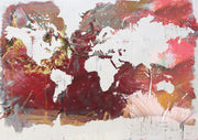 Abstract painting of a world map in red, maroon, gold and pink with heavy paint texture and drips