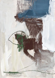 Abstract painting with dark brown, blue and green gestural brushstrokes on cream background