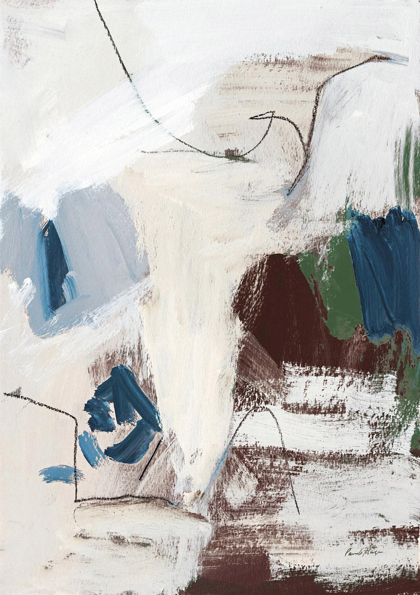 Abstract painting with cream ground, indigo blue and brown brushstrokes and thin black line marks