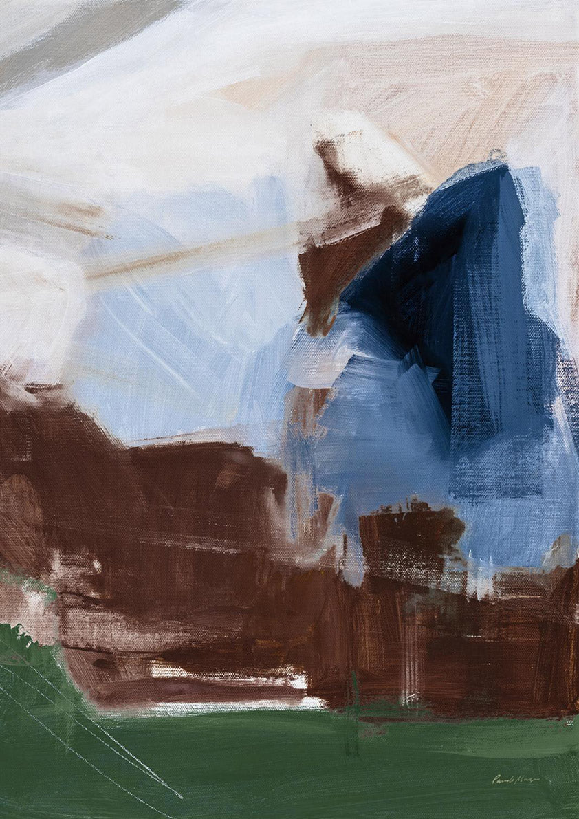 Abstract landscape painting of a riverbank in navy, rust brown, green and pale grey tones