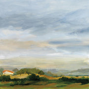 Painted landscape of a wide cloudy sky over rolling fields with a red-roofed house and trees