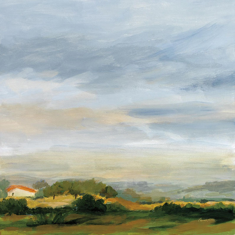 Painted landscape of a wide cloudy sky over rolling fields with a red-roofed house and trees