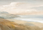Watercolour coastal landscape with dunes, sea and hazy headlands in soft muted tones