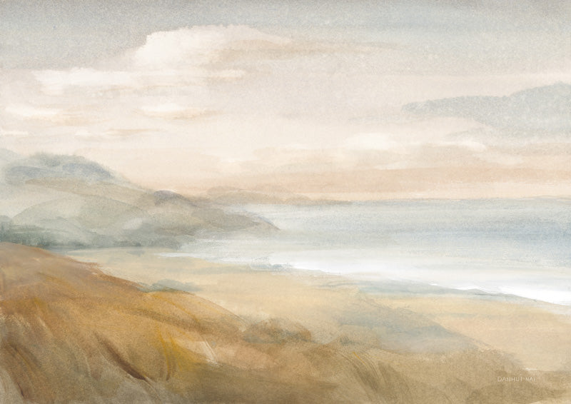 Watercolour coastal landscape with dunes, sea and hazy headlands in soft muted tones