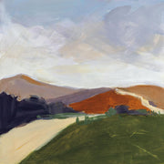 Painted landscape with terracotta hills, green foreground and a pale winding path under a cloudy sky
