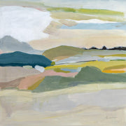 Abstract landscape painting with teal, olive and ochre hills, pale sky and soft pink accents