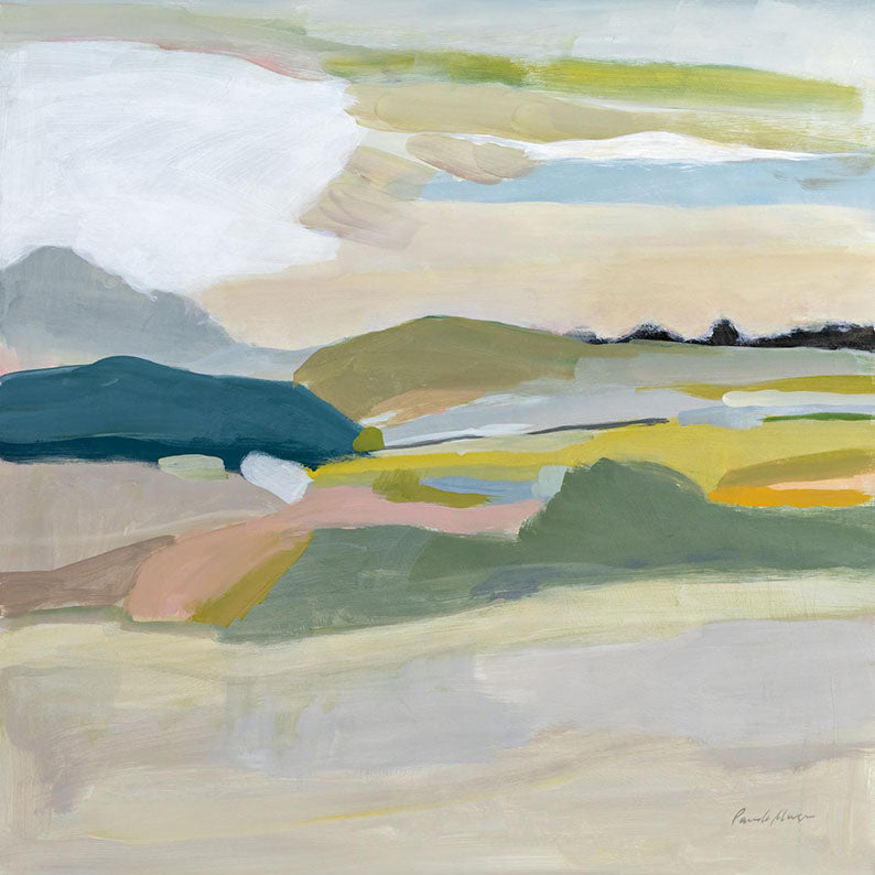 Abstract landscape painting with teal, olive and ochre hills, pale sky and soft pink accents