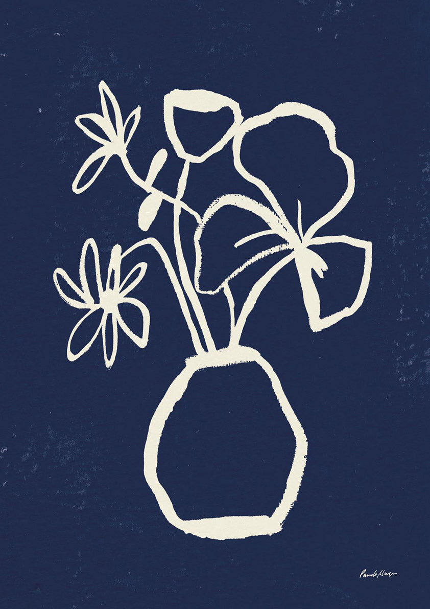 Line drawing of a floral bouquet in a vase, cream lines on navy background