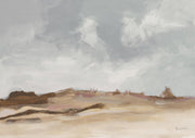 Muted landscape painting of a grey sky over tan and brown hills with a distant horizon