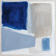 Abstract painting with navy, grey and powder blue geometric shapes on white background